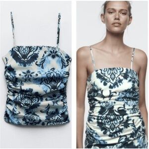 💙Zara NWT Ruched Blue Paisley Spaghetti Strap 100% cotton Tank Top SZ S💙